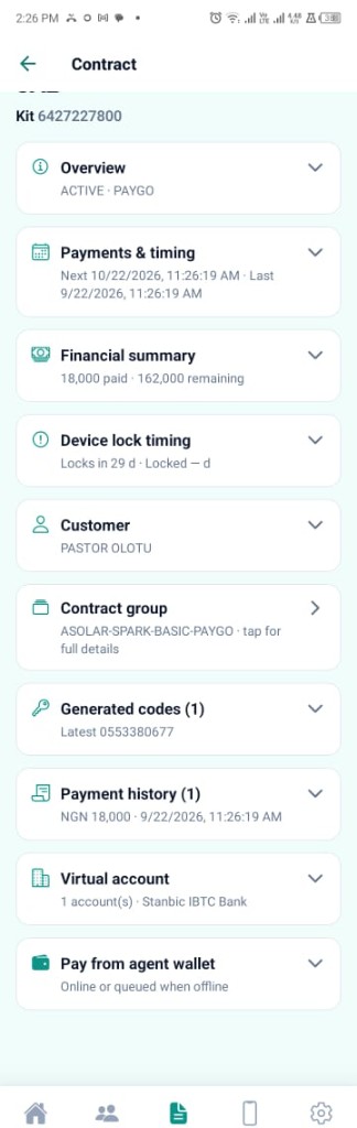 SolarPay mobile contract detail with generated codes and payment history