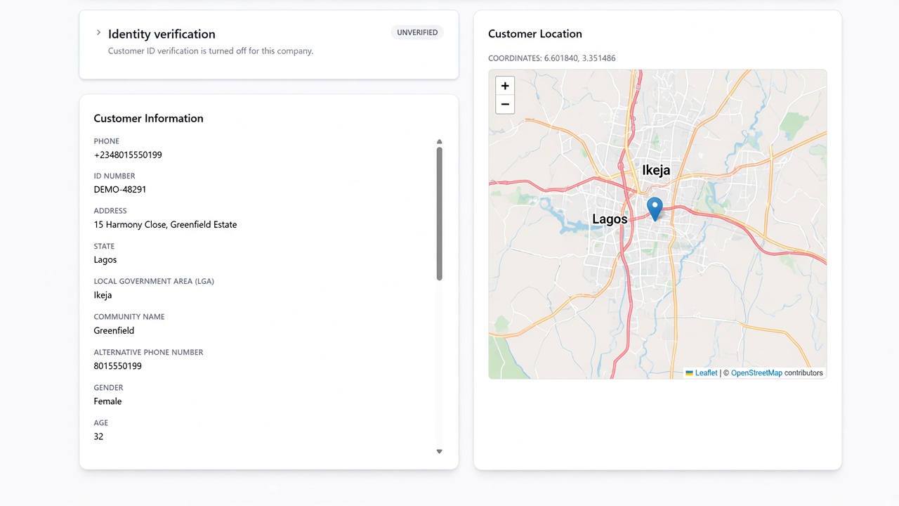SolarPay customer profile with identity details and GPS map pin in Lagos