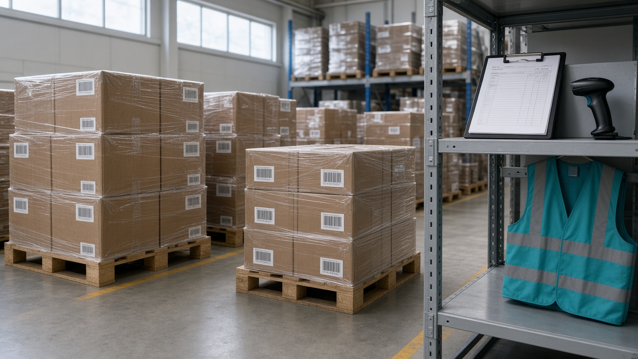 Solar kit inventory stacked in a distributor warehouse